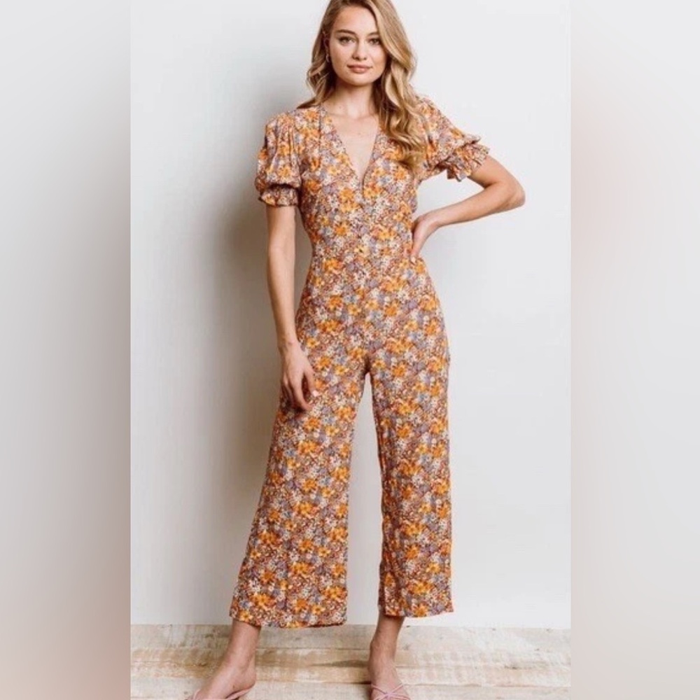 Faithfull the Brand Anka Meja Orange Floral Print Crop Wide Leg Jumpsuit EUC S